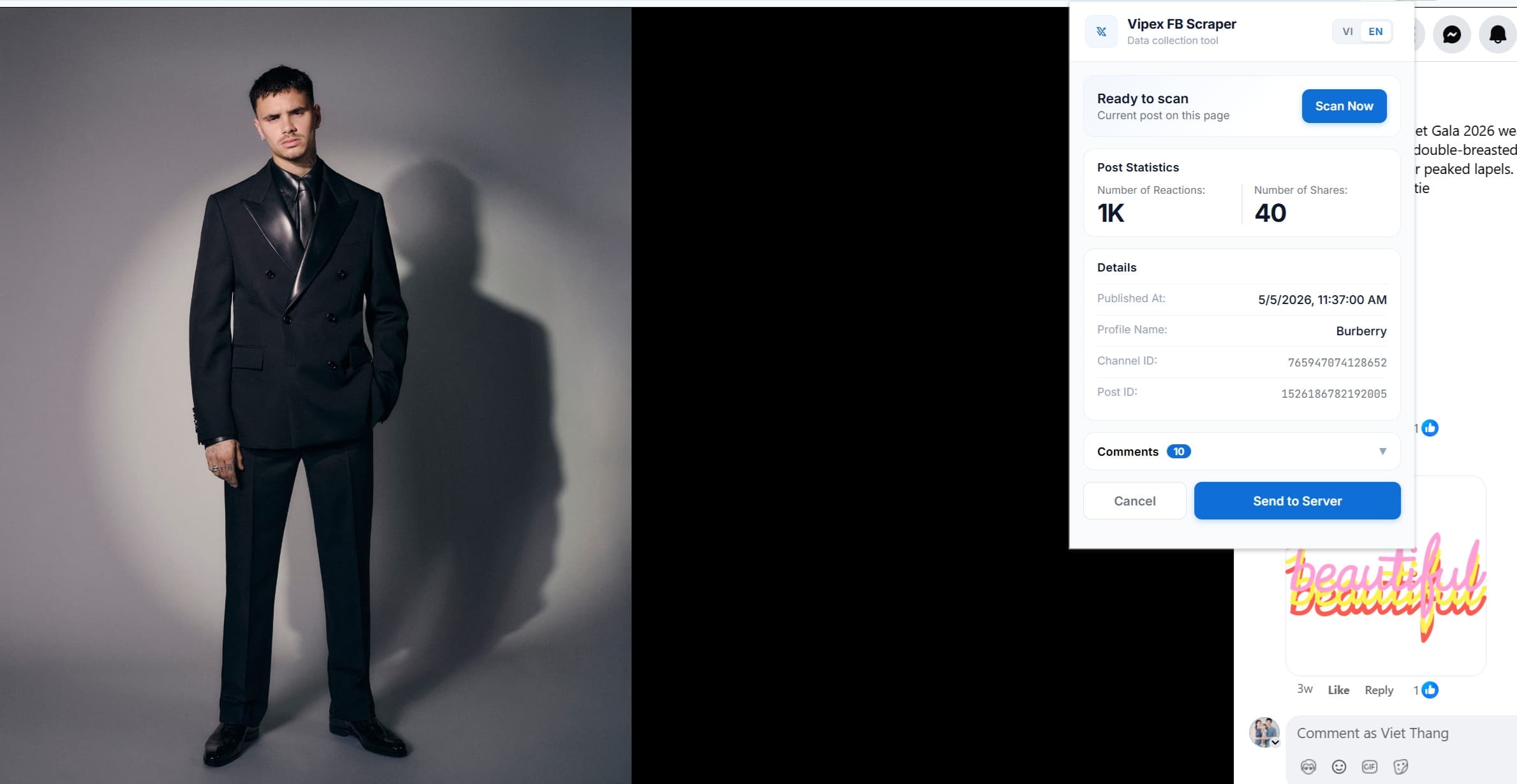 Vipex Facebook scraper extension popup over a Facebook page