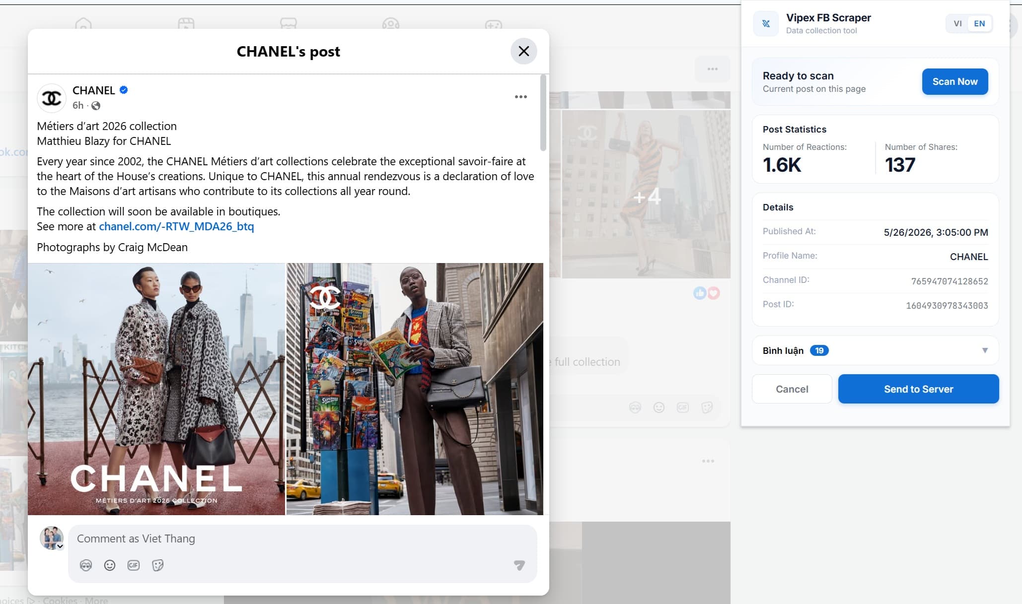 Vipex extension capturing permanent Channel ID and Post ID from a Chanel post